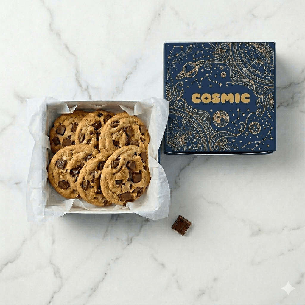 Cosmic Cookies dark blue box with cookies
